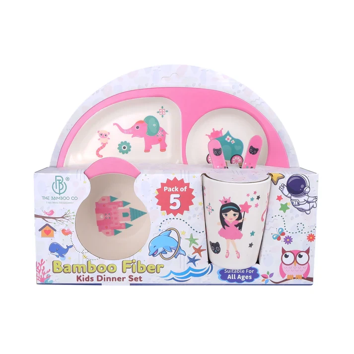 THE BAMBOO CO Pinky Princess' Castle Bamboo Kids Dinner /Feeding Set of 5