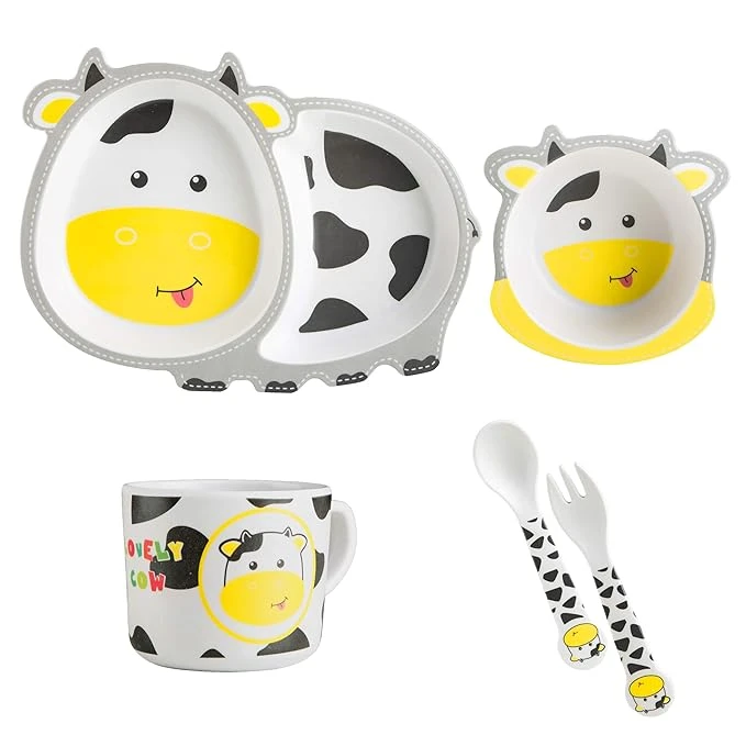 THE BAMBOO CO Eco-Friendly Bamboo Fibre Kids 5 Pc Dinner Set - Moo Moo Cow, White