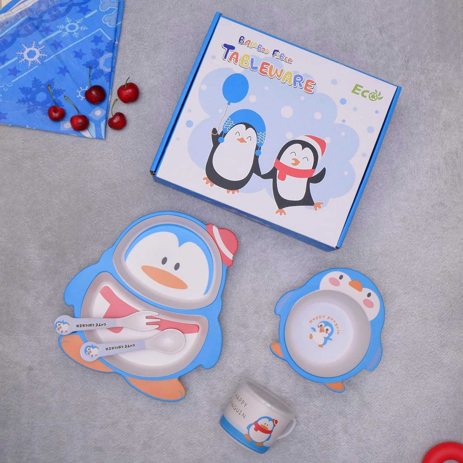 The Bamboo Co Kids/Baby Feeding/Dinner Set of 5 |Kids Crockery Set Tableware |Baby Utensils and Dishes Set | Eco-Friendly |Organic & Natural (Paddy- The Penguin)