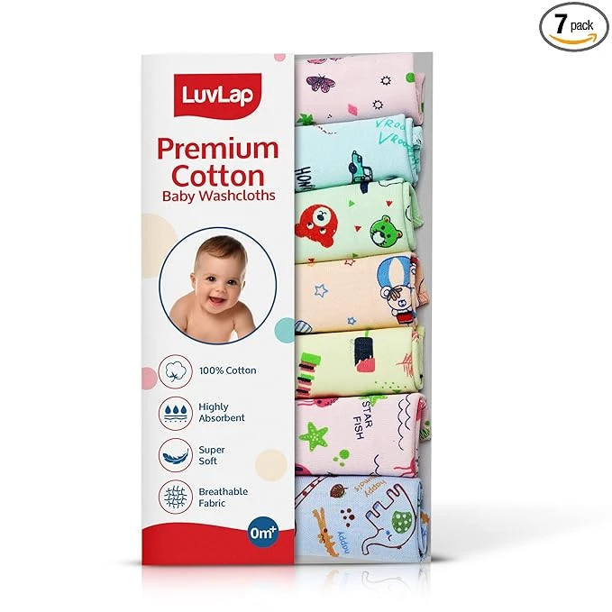 LuvLap Hosiery Cotton Cloth Premium Baby Washcloth for New Born, Washable (30 cm x 30 cm), Reusable, Absorbent, Extra Soft Face Towels/Washcloth for Babies, Starfish Print, Pack of 7 Pcs, Multicolour