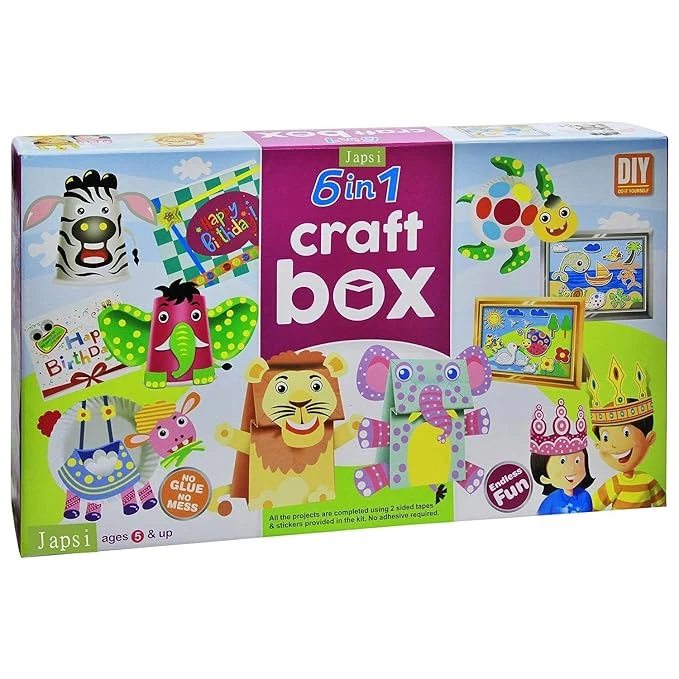 DIY JAPSI 6-in-1 Craft Box, No Glue Required, Ages 5+, Multiple Activities Including Puppets and Cards |