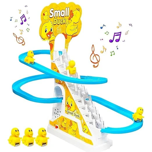 Big Fun Duck Slide Toy Set, Funny Automatic Stair-Climbing Ducklings Cartoon Race Track Set Little Lovely Duck Slide Toy Escalator Toy with Lights and Music 3 Duck Included