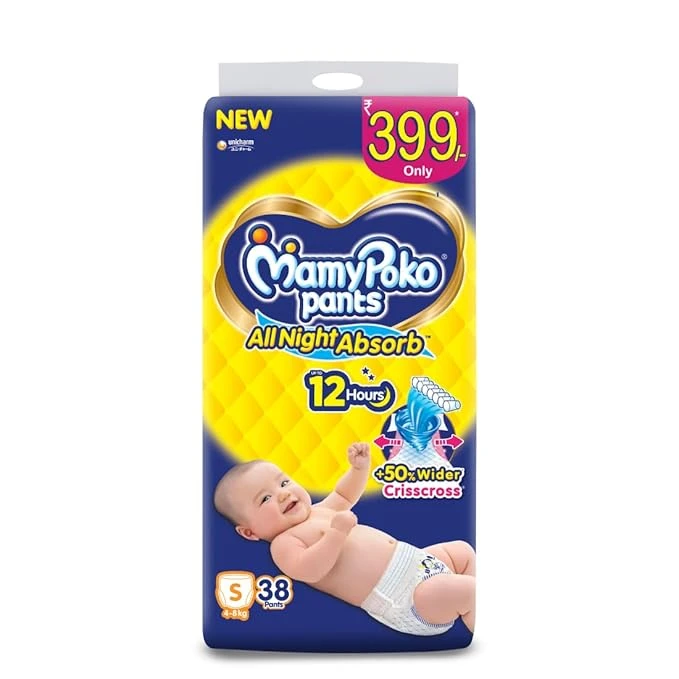 MamyPoko 38 pants Pants All Night Absorb Baby Diaper, Small (S), 38 Count 4-8 Kg