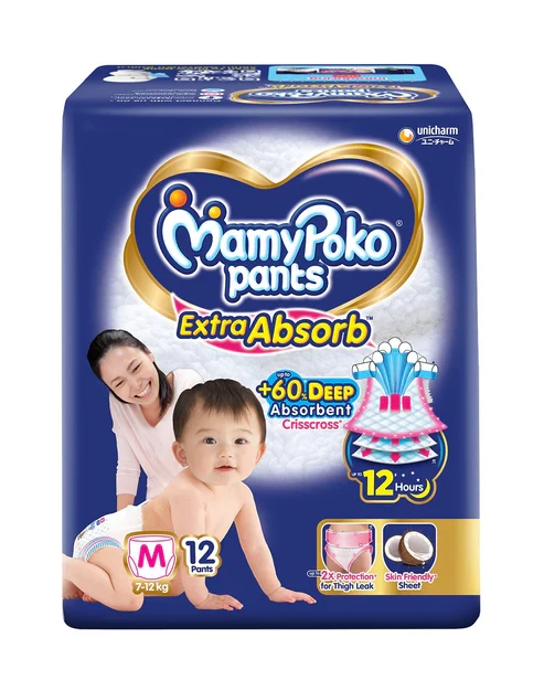 MamyPoko 12 pants Extra Absorb Diaper Pants -M (7-12 Kg)-2X Protection for Thigh Leak