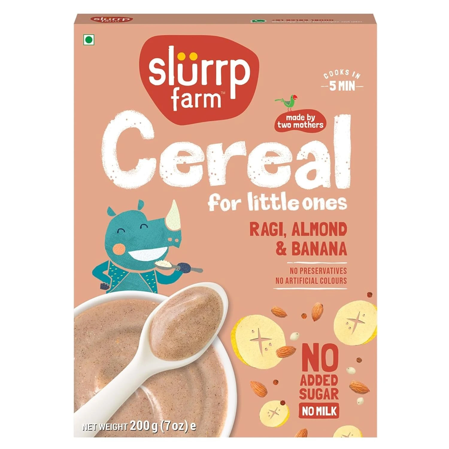 Slurrp Farm No Added Sugar, No Salt Ragi, Almond and Banana Cereal | 100% Sprouted Ragi | Healthy Cereal | No Milk | No Preservatives, 200g