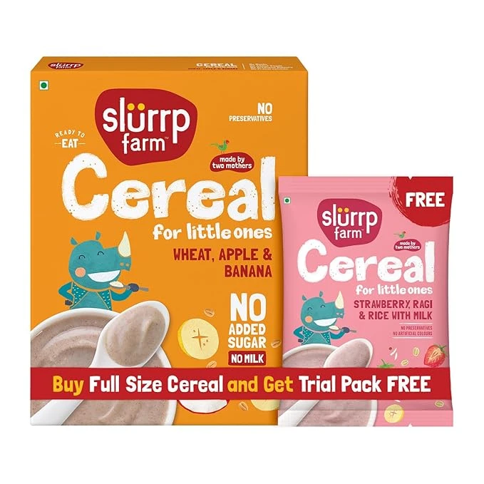 Slurrp Farm No Added Sugar Instant Wheat Apple & Banana Cereal | Free Strawberry Cereal Trial Pack | 300g + Free 50g