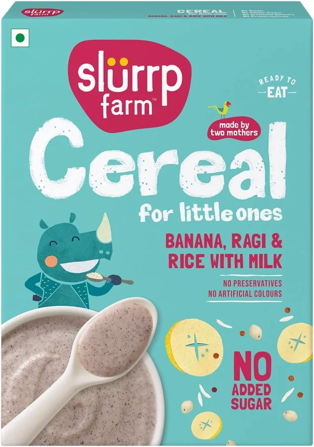 Slurrp Farm No Added Sugar Instant Cereal | Ragi, Rice and Banana with Milk | Free Mango Cereal Trial Pack | 200g + Free 50g