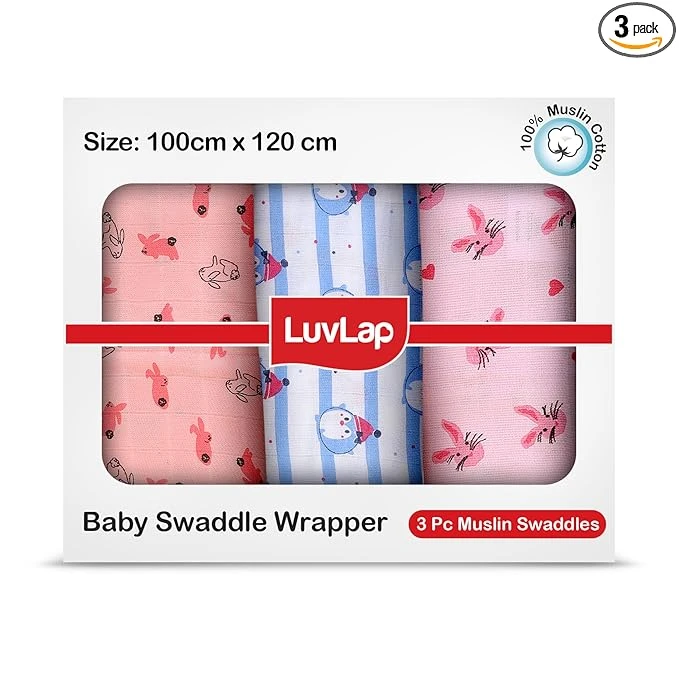 LuvLap 100% Cotton Muslin Baby Swaddle Set