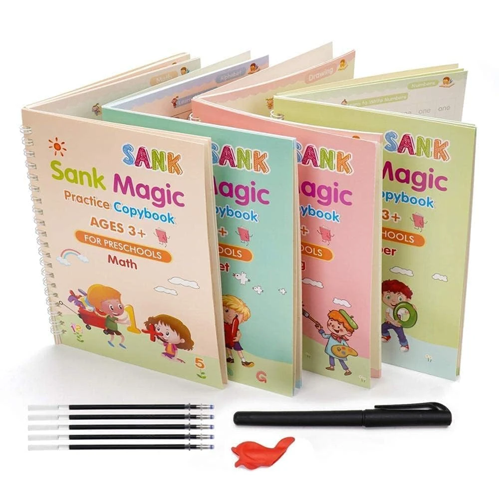 Magic Handwriting Practice Copybook Set ✨📚 - Reusable Calligraphy Tracing Books for Kids ✍️👶 - Includes 4 Workbooks 📖, 1 Pen 🖊️, 10 Refills 🔄, and Ergonomic Pen Grip 🤲 - Perfect for Learning