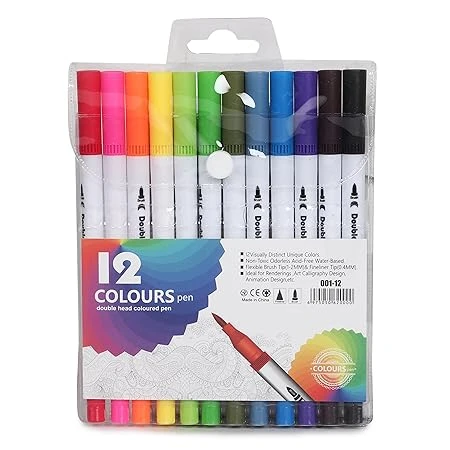 12 Colors Art Dual Tips Coloring Brush Fineliner Color Water Based Pens