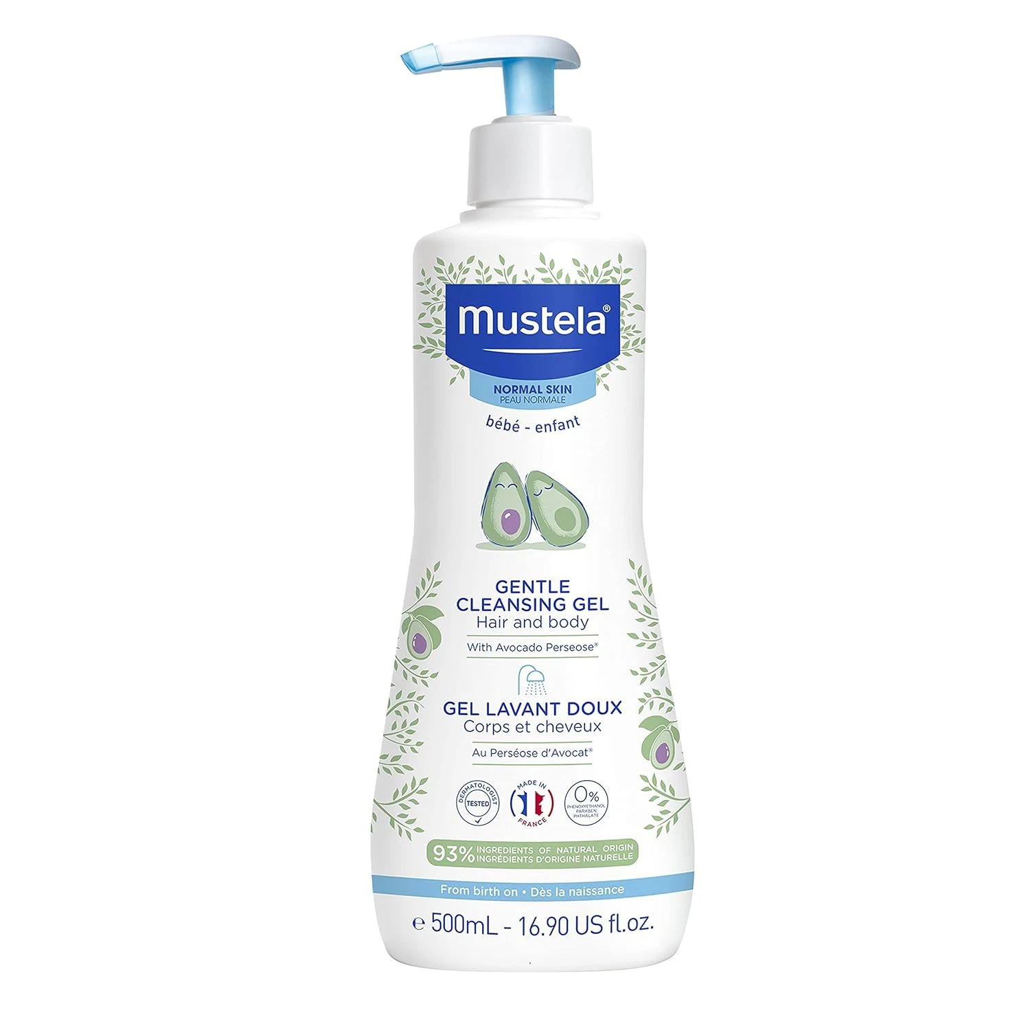 Mustela Baby Body Wash and Shampoo with Avocado 500ml – Head to Toe Wash for Bath | Baby Shampoo | Gentle Cleansing Gel