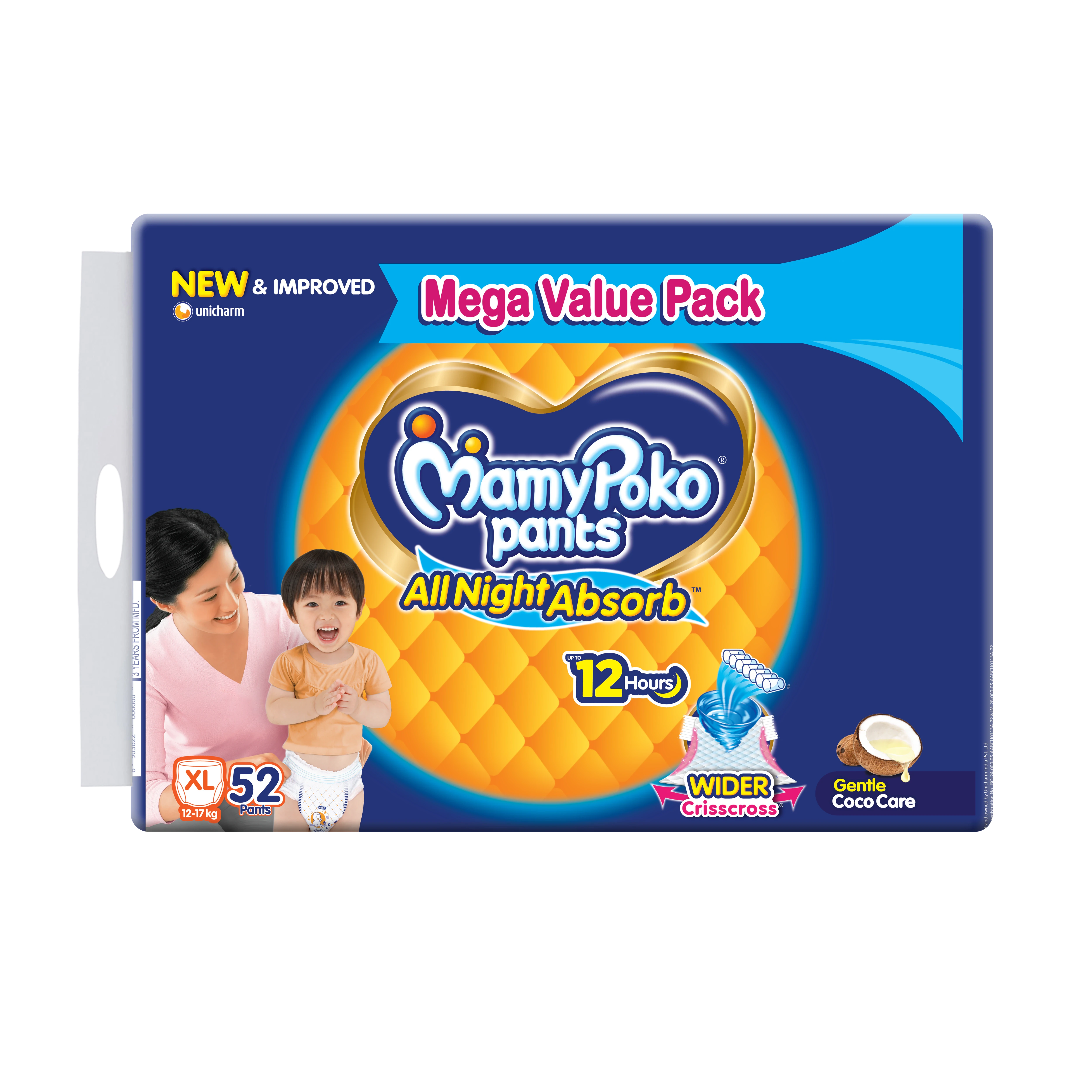 MamyPoko Pants All Night Absorb,  Coco Care & 12hr Leakage Protection- XL (52 Count) |Baby Diaper |Xtra Large |52 Diaper