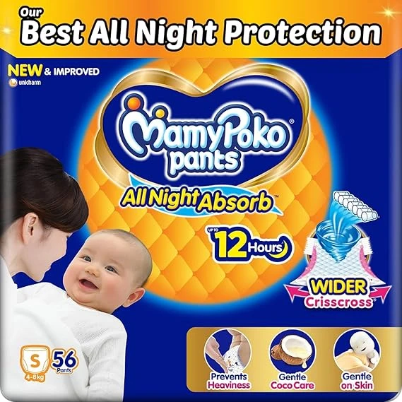 Mamypoko pants All night absorb| Baby Diaper Small Size(S), 56 Count, Ideal for 4-8Kgs