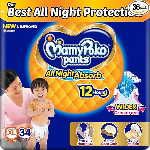 Mamypoko pants All night absorb| Pant Style Baby Diaper X- Large Size(XL), 34 Count