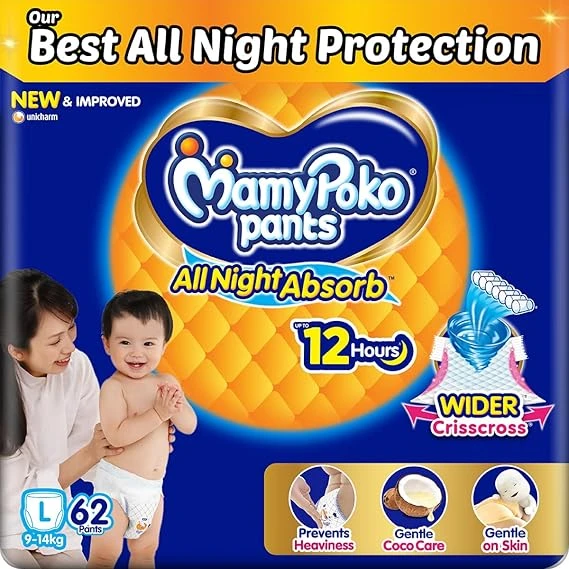 Mamypoko pants All night absorb| Pant Style Baby Diaper Large Size(L) 62