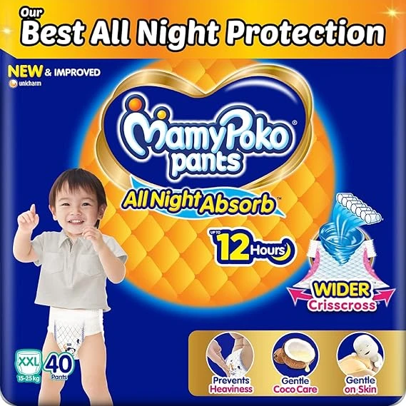 Mamypoko pants All night absorb| Pant Style Baby Diaper XX- Large Size(XXL), 40 Count