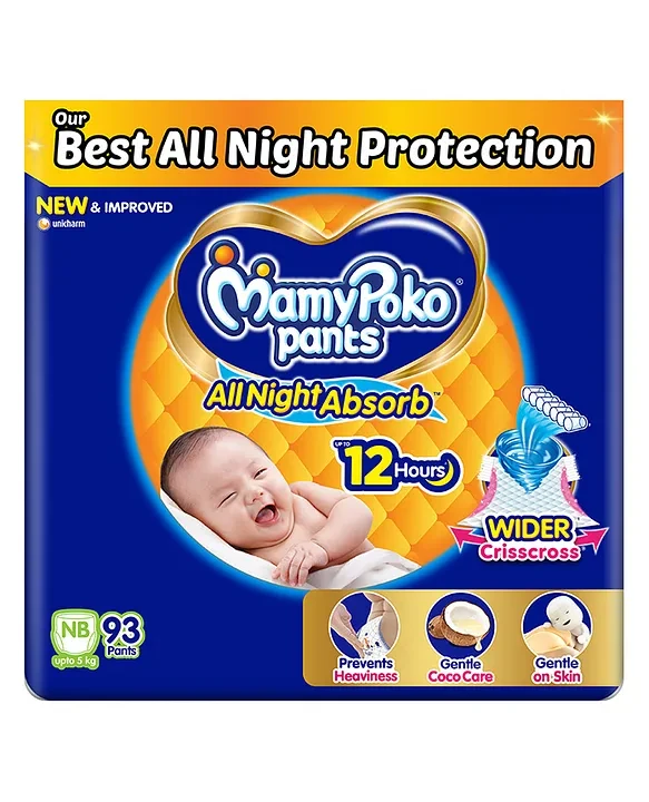 MamyPoko Pant Baby Diaper with Wider Criss Cross Sheet Gentle Coco Care & 12 Hr Leak Protection Size New Born (NB) - 93 Pieces