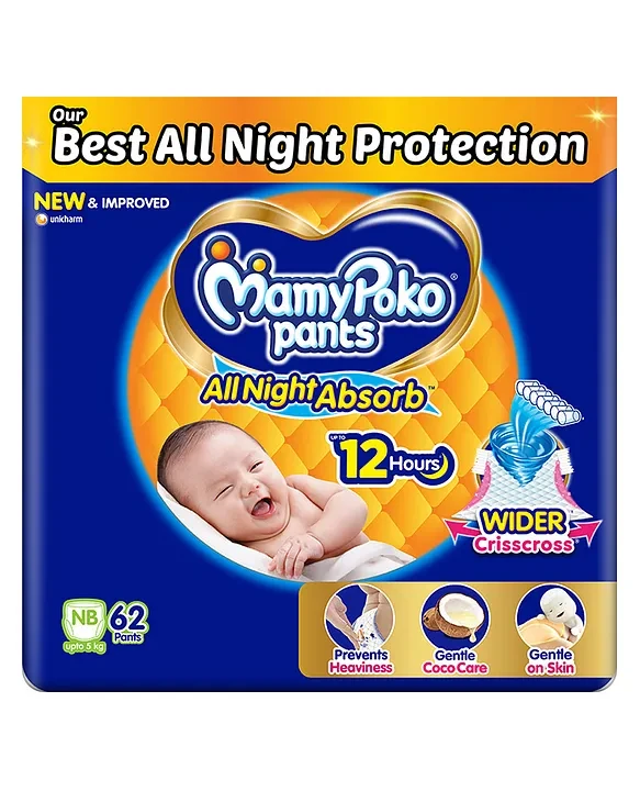 MamyPoko Pant Style Baby Diaper with Wider Criss Cross Sheet Gentle Coco Care & 12 Hr Leak Protection Size New Born (NB) - 62 Pieces